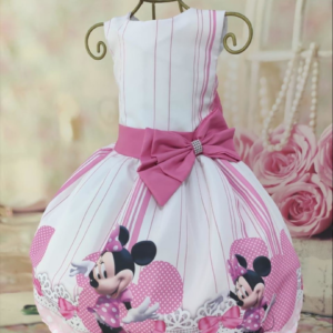 Vestido Minnie Branco com Listras  e Laço Rosa