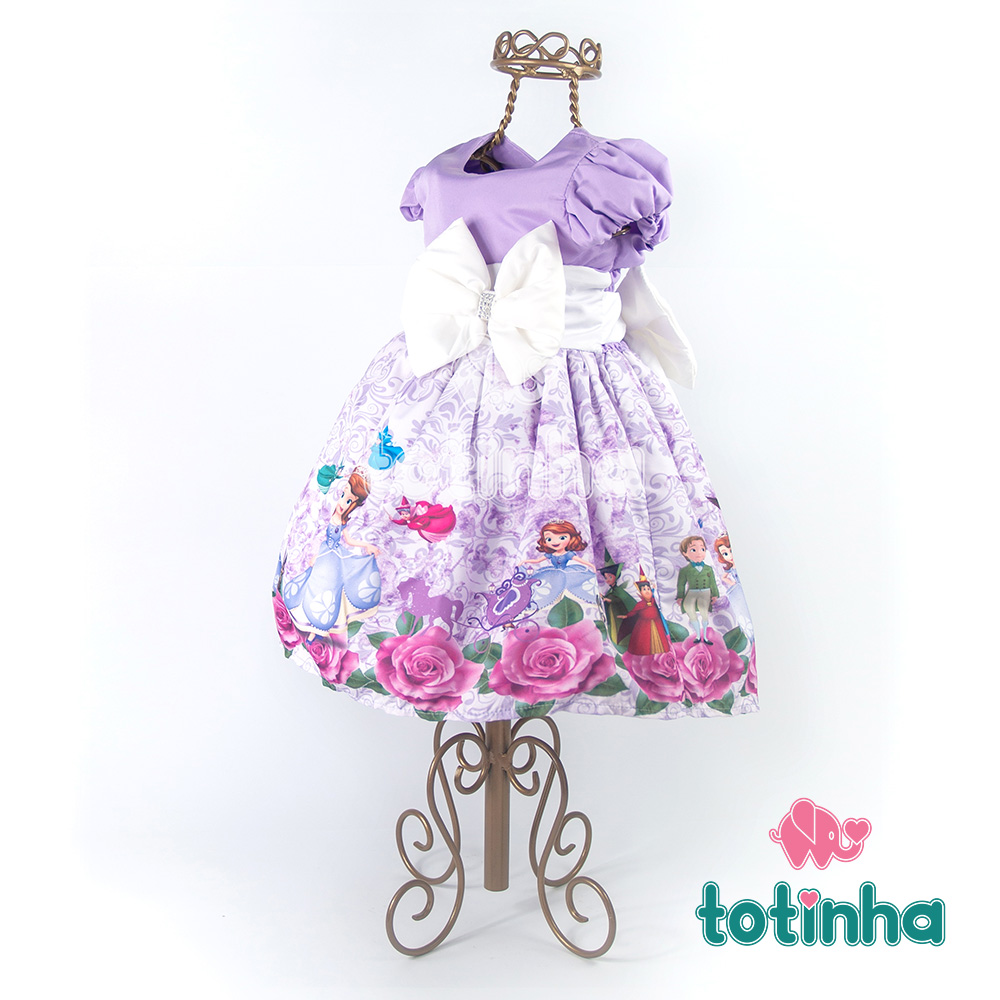 Vestido Princesinha Sofia Lilás com Laço Branco - Totinha