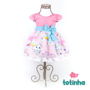Vestido Chuva de Amor Rosa com Laço Azul