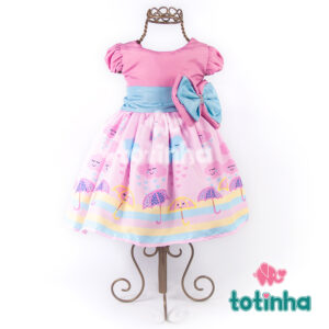 Vestido Chuva de Amor Rosa com Laço Azul e Rosa