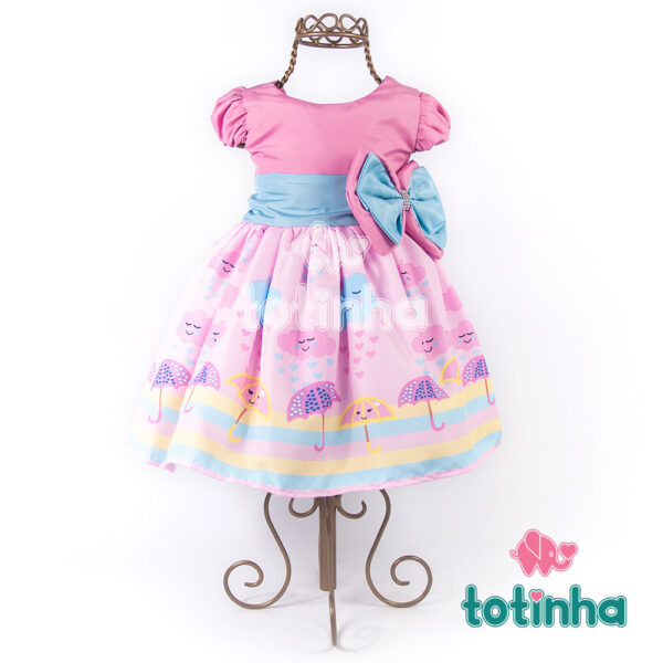 Vestido Chuva de Amor Rosa com La o Azul e Rosa