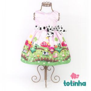 Vestido Fazendinha Rosa com Laço Malhado