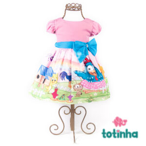 Vestido Galinha Pintadinha Rosa com Laço Azul