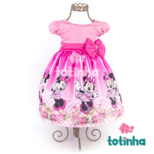 Vestido Minnie Rosa com Laço Rosa e Flores