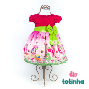 Vestido Moranguinho Vermelho com Laço Verde e Flores