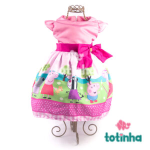 Vestido Peppa Pig Rosa com Laço Rosa e Bolinhas