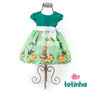 Vestido Sininho / Tinker Bell Verde com Laço Branco