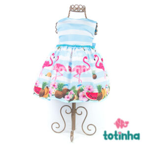 Vestido Flamingo Azul com Pérolas e Frutas