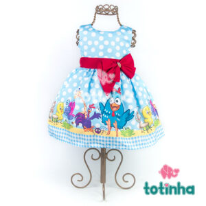 Vestido Galinha Pintadinha Azul com Laço Vermelho e Bolinhas Brancas