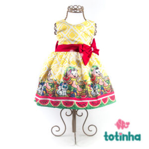 Vestido Magali Amarelo e Branco com Laço Vermelho e Melancia