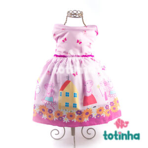 Vestido Peppa Pig Rosa com Pérolas e Flores