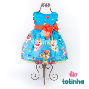 Vestido Baby Shark Azul com Laço Laranja