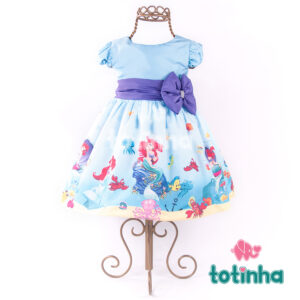 Vestido A Pequena Sereia Azul com Laço Roxo