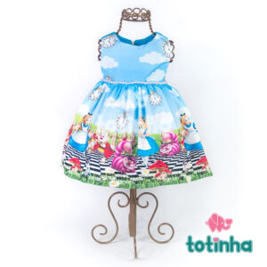 Vestido Alice no País das Maravilhas Azul com Coelho Branco