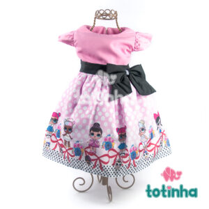 Vestido LOL Rosa com Laço Preto e Bolinhas