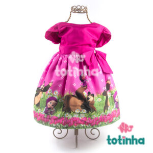 Vestido Masha e o Urso Rosa com Laço Rosa e Flores