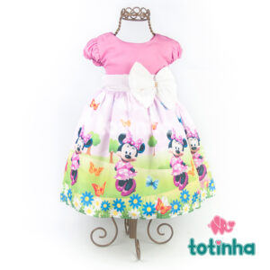 Vestido Minnie Rosa com Laço Branco e Borboletas