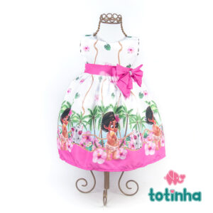 Vestido Moana Baby Branco com Laço Rosa e Chuva de Flores
