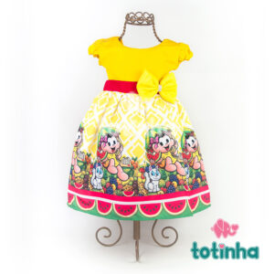 Vestido Magali Amarelo com Laço Amarelo e Frutas