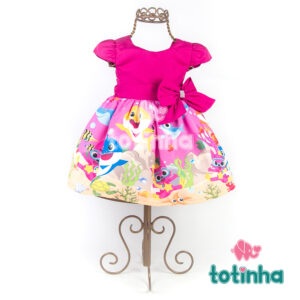 Vestido Baby Shark Rosa com Laço Rosa