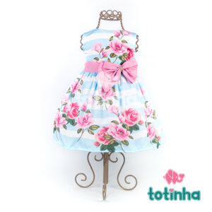 Vestido Floral Branco com Listras Azuis