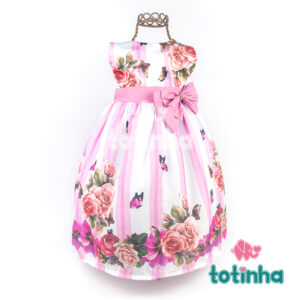 Vestido Floral Branco com Listras Rosas