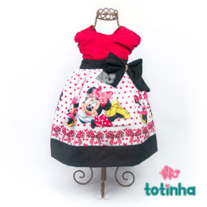 Vestido Minnie Vermelho Laço Preto com Saia Branca de Bolinhas