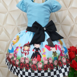 Vestido Alice com Rainha de Copas Xadrez - laço preto