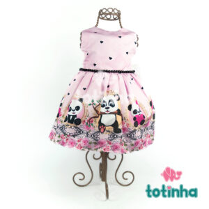 Vestido Urso Panda Rosa com Pérolas