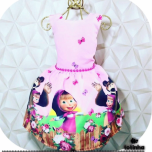 Vestido Masha e Urso Rosa com Borboletas e Pérolas