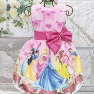 Vestido Princesas  Rosa com Castelo e  Zíper